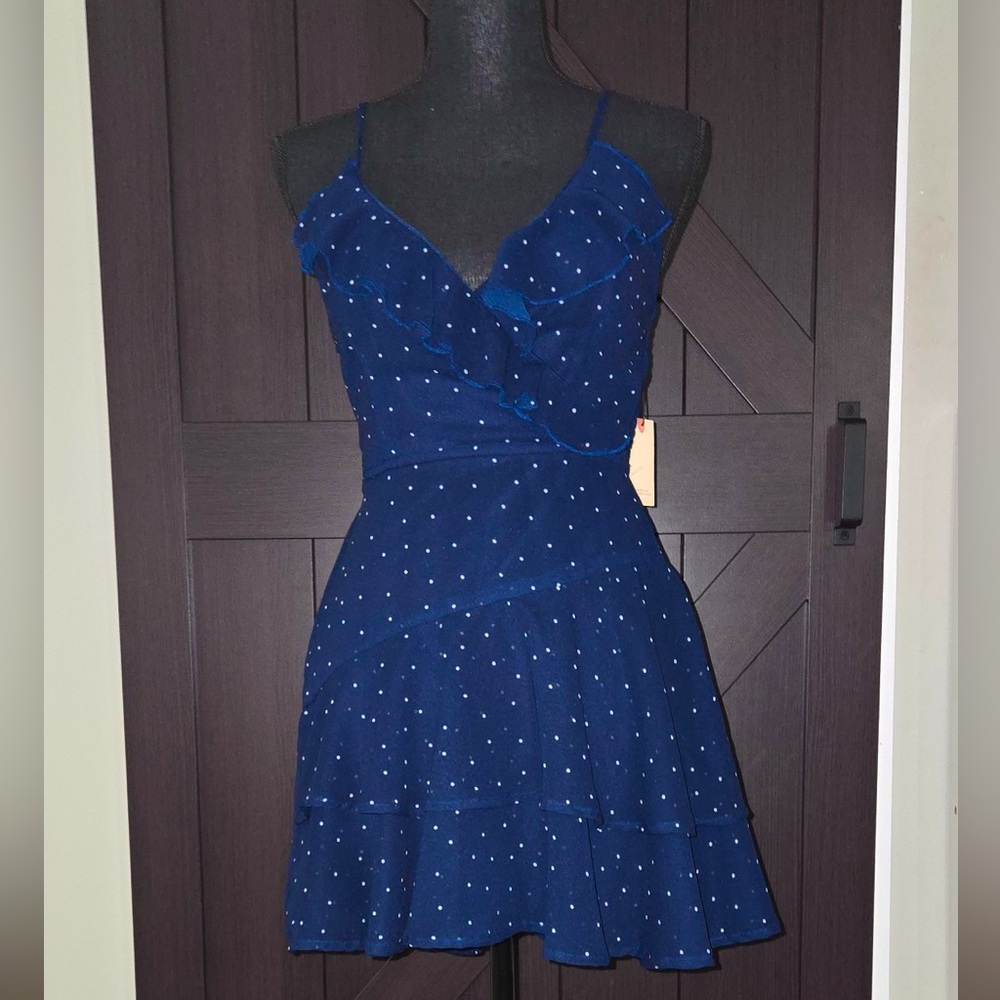 Navy Blue/White Polka Dot Ruffle Romper Dress Adjustable Spaghetti Straps